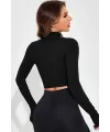 ieg™ Kadın Siyah Uzun Kol Fermuarlı Parmak Geçme Detaylı Dik Yaka Crop Top Bluz