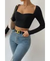 ieg™ Kadın Siyah Uzun Kol Göğüs Dekolteli Şık Crop Top Bluz