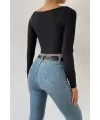 ieg™ Kadın Siyah Uzun Kol Göğüs Dekolteli Şık Crop Top Bluz