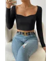 ieg™ Kadın Siyah Uzun Kol Göğüs Dekolteli Şık Crop Top Bluz
