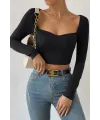 ieg™ Kadın Siyah Uzun Kol Göğüs Dekolteli Şık Crop Top Bluz