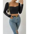ieg™ Kadın Siyah Uzun Kol Göğüs Dekolteli Şık Crop Top Bluz