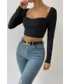 ieg™ Kadın Siyah Uzun Kol Göğüs Dekolteli Şık Crop Top Bluz