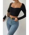 ieg™ Kadın Siyah Uzun Kol Göğüs Dekolteli Şık Crop Top Bluz