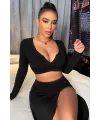 ieg™ Kadın Siyah Uzun Kol Göğüs ve Göbek Dekolteli Fermuarlı Crop Top Bluz