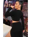 ieg™ Kadın Siyah Uzun Kol Göğüs ve Göbek Dekolteli Fermuarlı Crop Top Bluz
