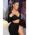 ieg™ Kadın Siyah Uzun Kol Göğüs ve Göbek Dekolteli Fermuarlı Crop Top Bluz