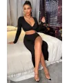 ieg™ Kadın Siyah Uzun Kol Göğüs ve Göbek Dekolteli Fermuarlı Crop Top Bluz