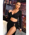 ieg™ Kadın Siyah Uzun Kol Göğüs ve Göbek Dekolteli Fermuarlı Crop Top Bluz