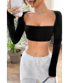 ieg™ Kadın Siyah Uzun Kol Göğüs ve Sırt Dekolteli Crop Top Bluz