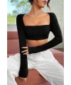 ieg™ Kadın Siyah Uzun Kol Göğüs ve Sırt Dekolteli Crop Top Bluz