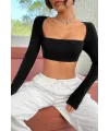 ieg™ Kadın Siyah Uzun Kol Göğüs ve Sırt Dekolteli Crop Top Bluz