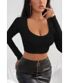 ieg™ Kadın Siyah Uzun Kol Kare Yaka Crop Top Bluz