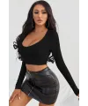 ieg™ Kadın Siyah Uzun Kol Kare Yaka Crop Top Bluz