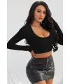 ieg™ Kadın Siyah Uzun Kol Kare Yaka Crop Top Bluz