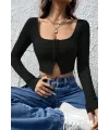ieg™ Kadın Siyah Uzun Kollu Agraflı Göğüs ve Göbek Dekolteli Crop Top Bluz