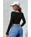 ieg™ Kadın Siyah Uzun Kollu Agraflı Göğüs ve Göbek Dekolteli Crop Top Bluz