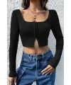 ieg™ Kadın Siyah Uzun Kollu Agraflı Göğüs ve Göbek Dekolteli Crop Top Bluz