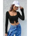 ieg™ Kadın Siyah Uzun Kollu Agraflı Göğüs ve Göbek Dekolteli Crop Top Bluz