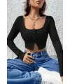 ieg™ Kadın Siyah Uzun Kollu Agraflı Göğüs ve Göbek Dekolteli Crop Top Bluz