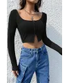 ieg™ Kadın Siyah Uzun Kollu Agraflı Göğüs ve Göbek Dekolteli Crop Top Bluz