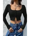 ieg™ Kadın Siyah Uzun Kollu Agraflı Göğüs ve Göbek Dekolteli Crop Top Bluz