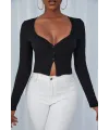 ieg™ Kadın Siyah Uzun Kollu Düğmeli Göğüs ve Göbek Dekolteli Crop Top Bluz