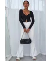 ieg™ Kadın Siyah Uzun Kollu Düğmeli Göğüs ve Göbek Dekolteli Crop Top Bluz