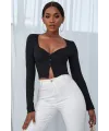 ieg™ Kadın Siyah Uzun Kollu Düğmeli Göğüs ve Göbek Dekolteli Crop Top Bluz