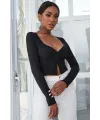ieg™ Kadın Siyah Uzun Kollu Düğmeli Göğüs ve Göbek Dekolteli Crop Top Bluz