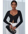 ieg™ Kadın Siyah Uzun Kollu Düğmeli Göğüs ve Göbek Dekolteli Crop Top Bluz