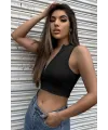 ieg™ Kadın Siyah Yarım Fermuarlı Sıfır Kol Crop Top Bluz