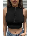 ieg™ Kadın Siyah Yarım Fermuarlı Sıfır Kol Crop Top Bluz