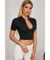 ieg™ Kadın Siyah Yarım Fermuarlı ve Kısa Kollu Crop Top Bluz