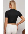 ieg™ Kadın Siyah Yarım Fermuarlı ve Kısa Kollu Crop Top Bluz