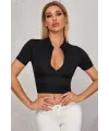 ieg™ Kadın Siyah Yarım Fermuarlı ve Kısa Kollu Crop Top Bluz