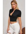 ieg™ Kadın Siyah Yarım Fermuarlı ve Kısa Kollu Crop Top Bluz