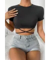 ieg™ Kadın Siyah Yarım Kol Çapraz Bağlamalı Crop Top Bluz