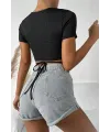 ieg™ Kadın Siyah Yarım Kol Çapraz Bağlamalı Crop Top Bluz