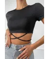 ieg™ Kadın Siyah Yarım Kol Çapraz Bağlamalı Crop Top Bluz