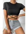ieg™ Kadın Siyah Yarım Kol Çapraz Bağlamalı Crop Top Bluz