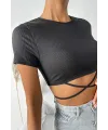 ieg™ Kadın Siyah Yarım Kol Çapraz Bağlamalı Crop Top Bluz