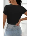 ieg™ Kadın Siyah Yarım Kol Düz Yaka Crop Top Bluz