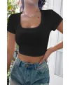ieg™ Kadın Siyah Yarım Kol Düz Yaka Crop Top Bluz