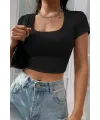 ieg™ Kadın Siyah Yarım Kol Düz Yaka Crop Top Bluz