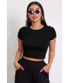 ieg™ Kadın Siyah Yuvarlak Yaka Yarım Kol Crop Top Bluz
