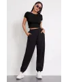 ieg™ Kadın Siyah Yuvarlak Yaka Yarım Kol Crop Top Bluz