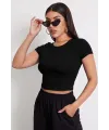 ieg™ Kadın Siyah Yuvarlak Yaka Yarım Kol Crop Top Bluz