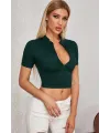 ieg™ Kadın Yeşil Yarım Fermuarlı ve Kısa Kollu Crop Top Bluz
