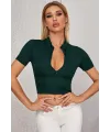 ieg™ Kadın Yeşil Yarım Fermuarlı ve Kısa Kollu Crop Top Bluz